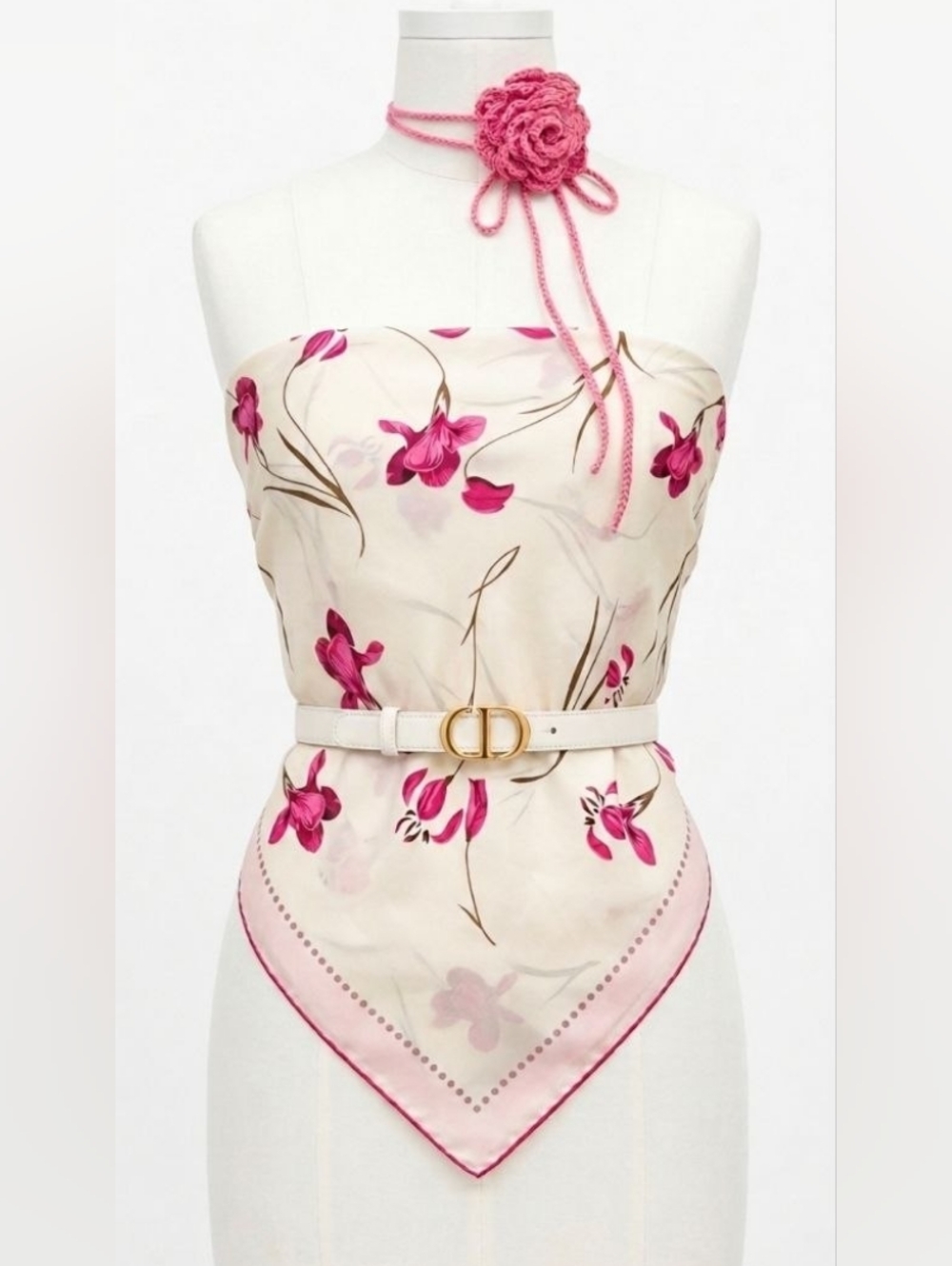 Silk Floral Scarf in White and Fuchsia